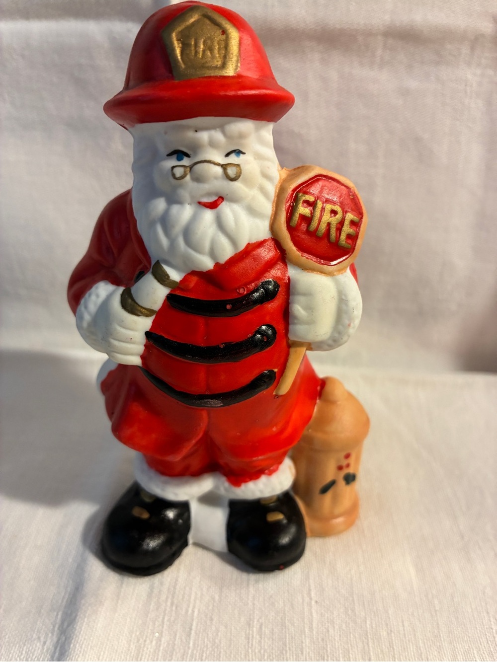 Festive Firefighter Santa Figurine Fireman Red and White 5”